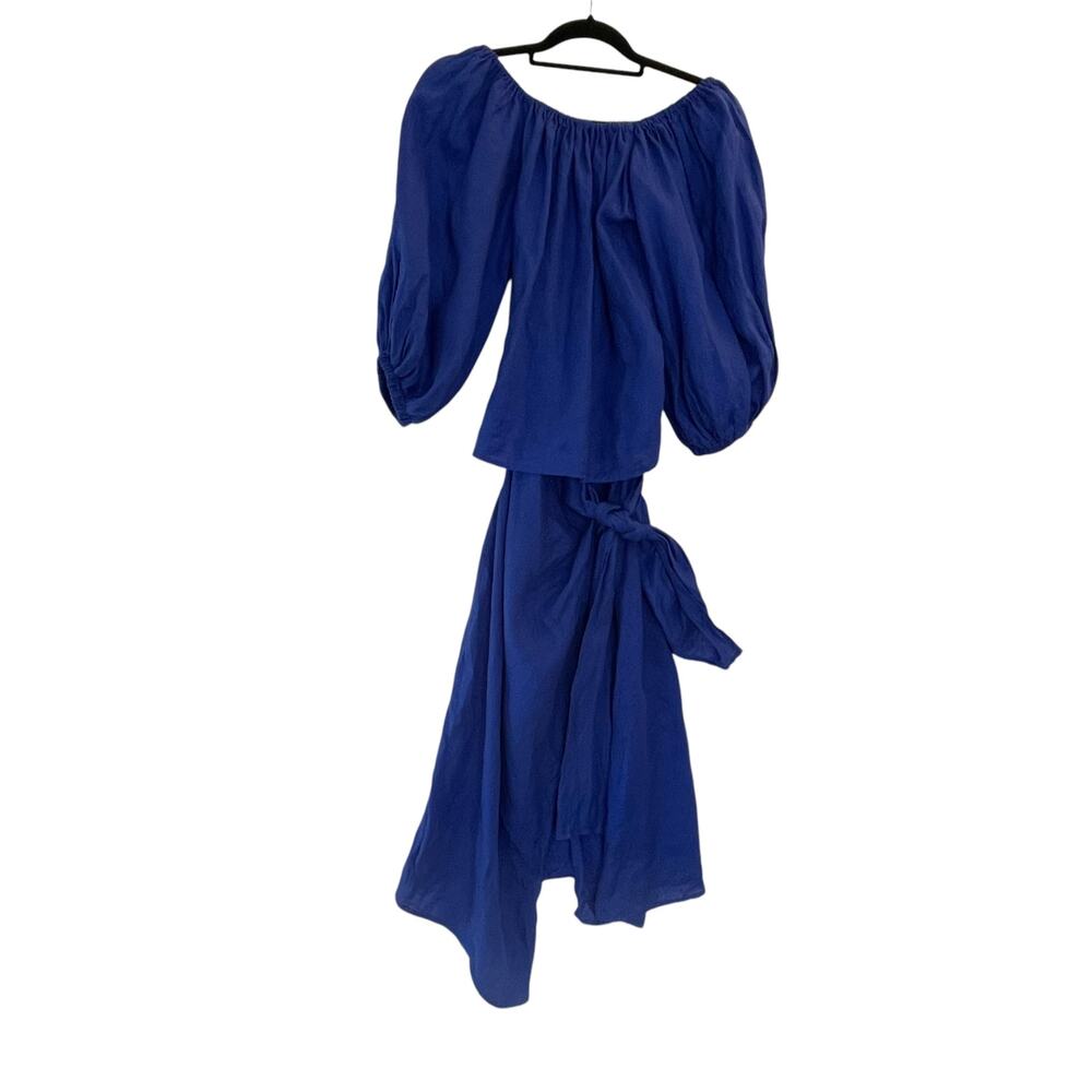 Padova Linen Midi Dress Women's Size 8 Royal Blue Puff Sleeve Layered Columbian